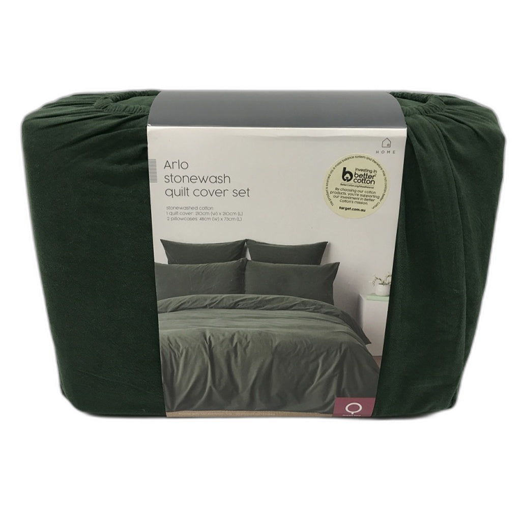 Target Arlo Stonewash Cotton Forest Green Quilt Cover Set QUEEN NEW