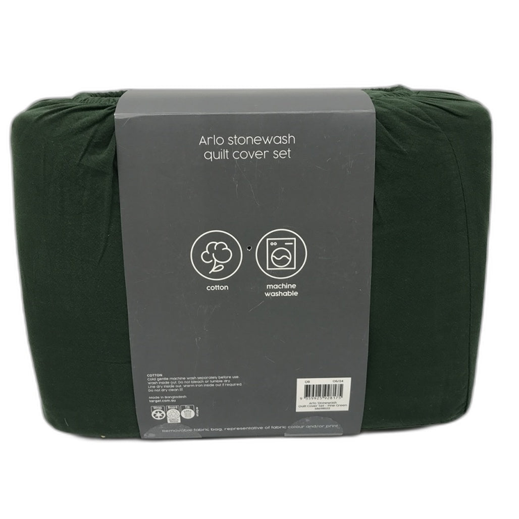 Target Arlo Stonewash Cotton Forest Green Quilt Cover Set QUEEN NEW