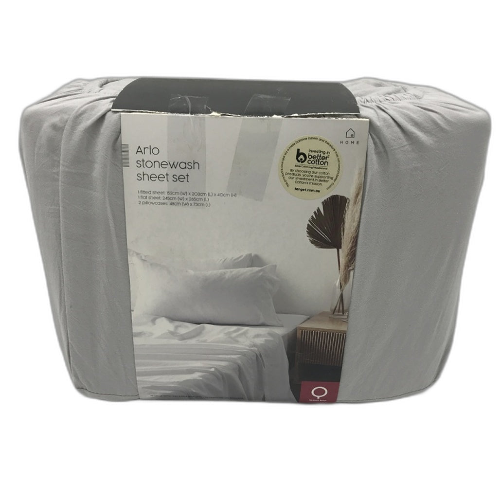 Target Arlo Stonewash Cotton Silver Grey Fitted Sheet Set QUEEN NEW