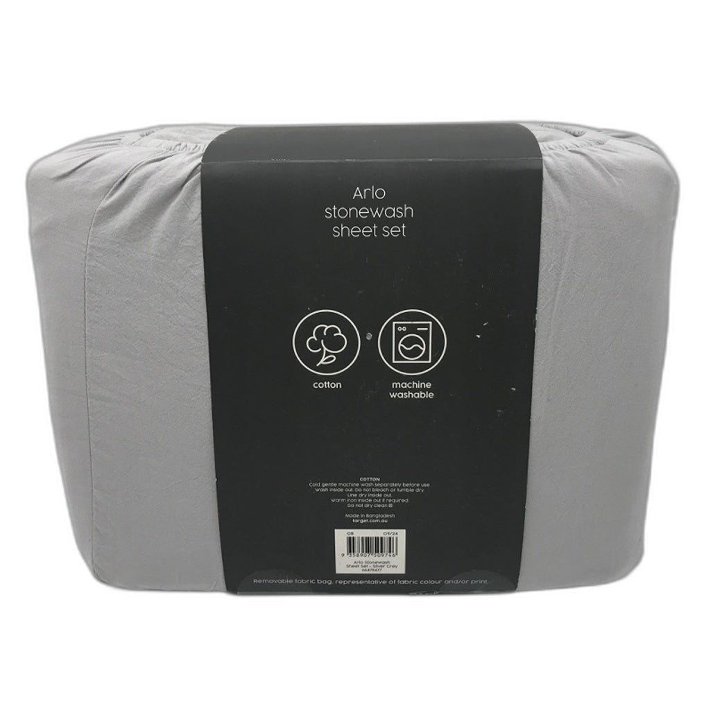 Target Arlo Stonewash Cotton Silver Grey Fitted Sheet Set QUEEN NEW