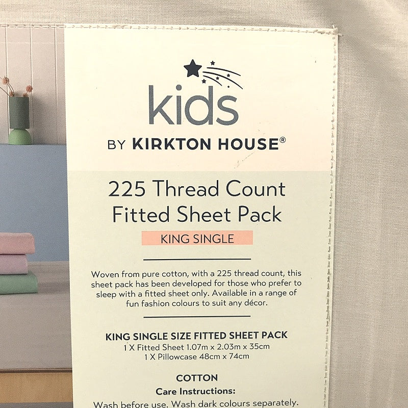 Kids by Kirkton House 225TC Grey Fitted Sheet Pack KING SINGLE NEW