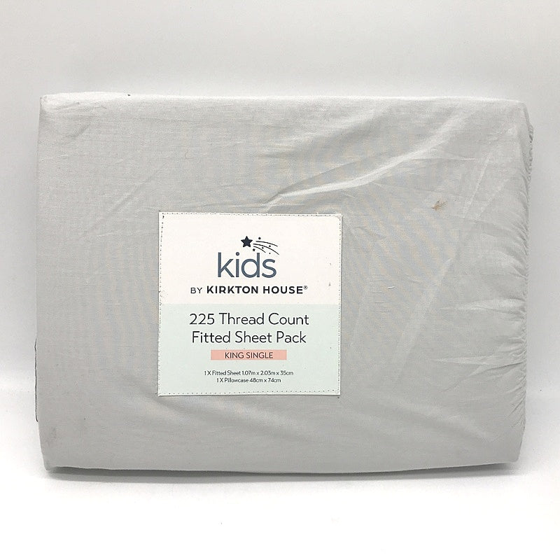 Kids by Kirkton House 225TC Grey Fitted Sheet Pack KING SINGLE NEW