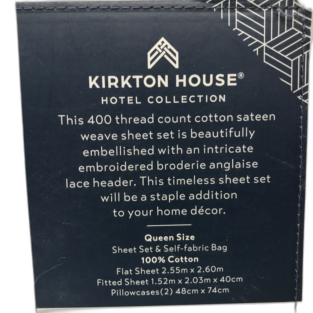 Kirkton House 400TC Embroidered Edge White Fitted Sheet Set QUEEN NEW