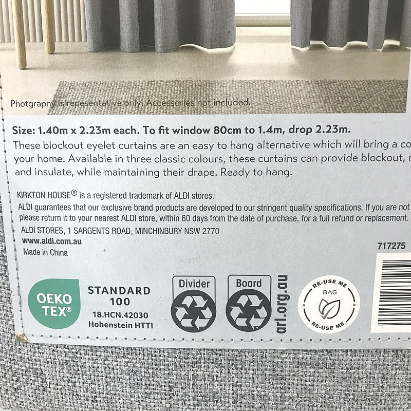 Kirkton House Blockout Grey Curtain Eyelet 2 Pack 1.40mx2.3m NEW