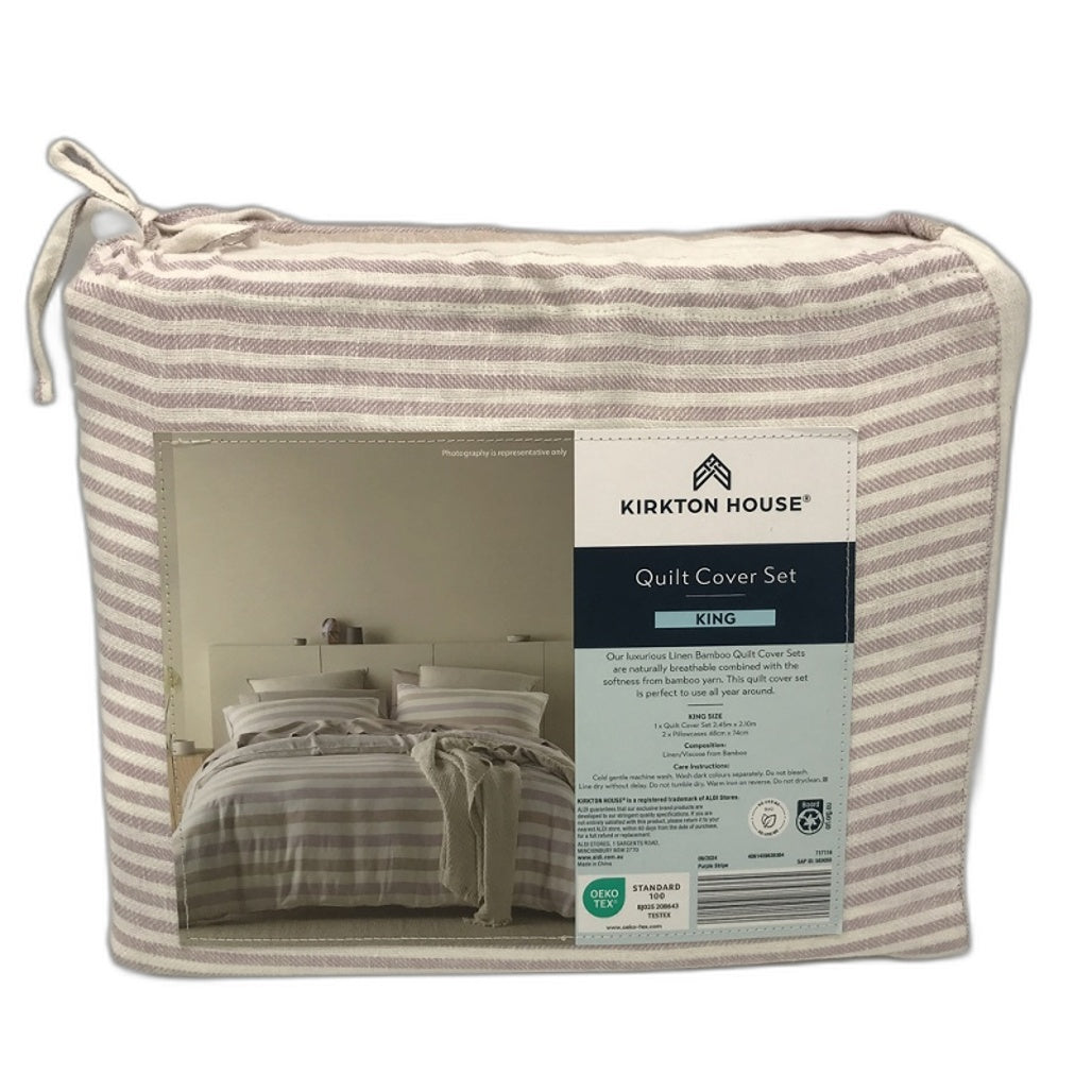 Kirkton House Linen Bamboo Quilt Striped King Cover Set NEW