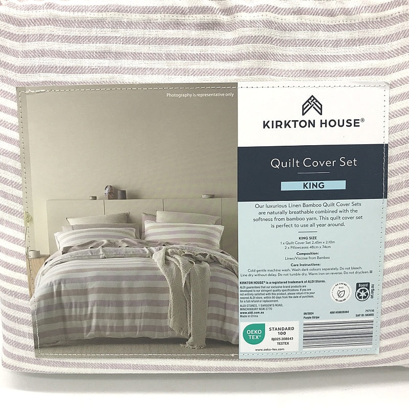 Kirkton House Linen Bamboo Quilt Striped King Cover Set NEW