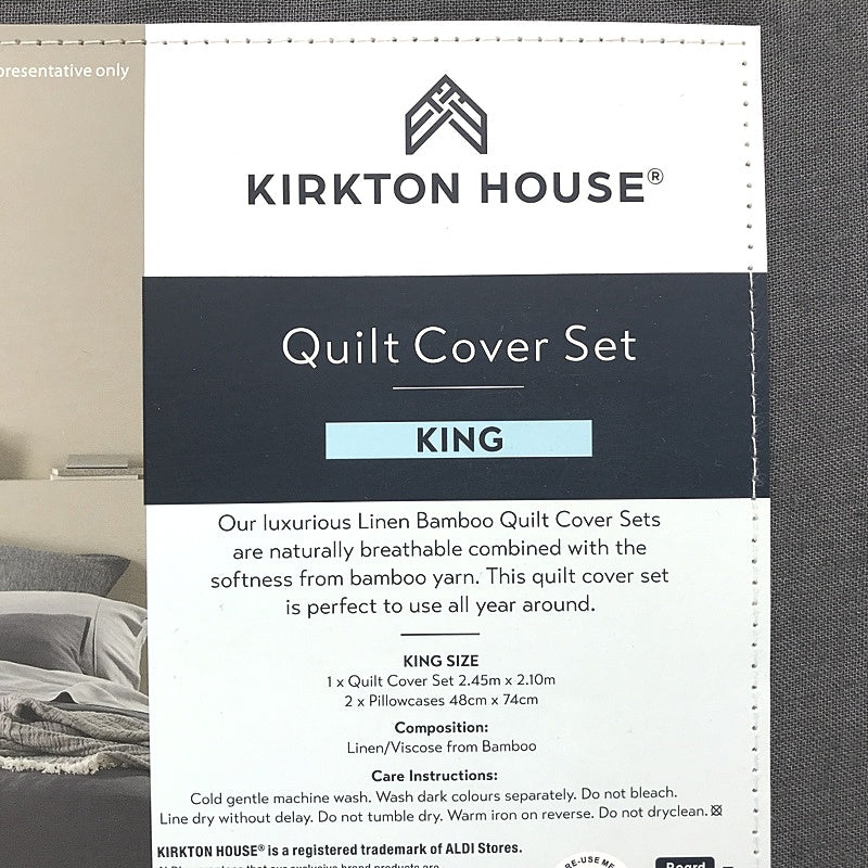 Kirkton House Linen Bamboo Charcoal King Quilt Cover Set NEW