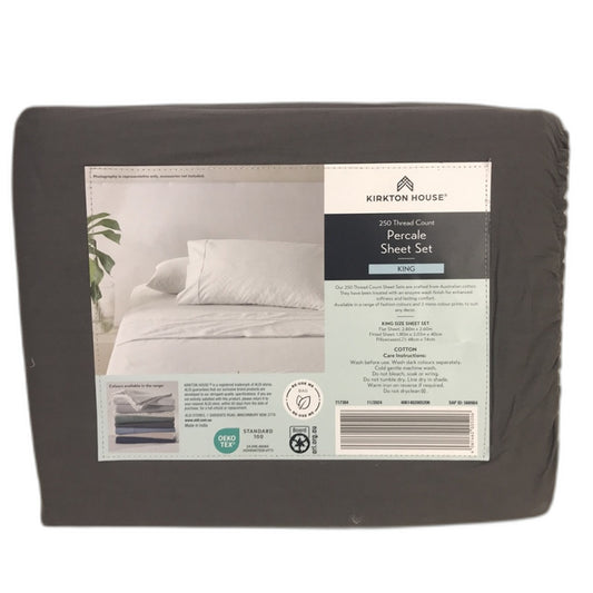 Kirkton House Grey Percale Sheet Set 250 Thread Count King NEW