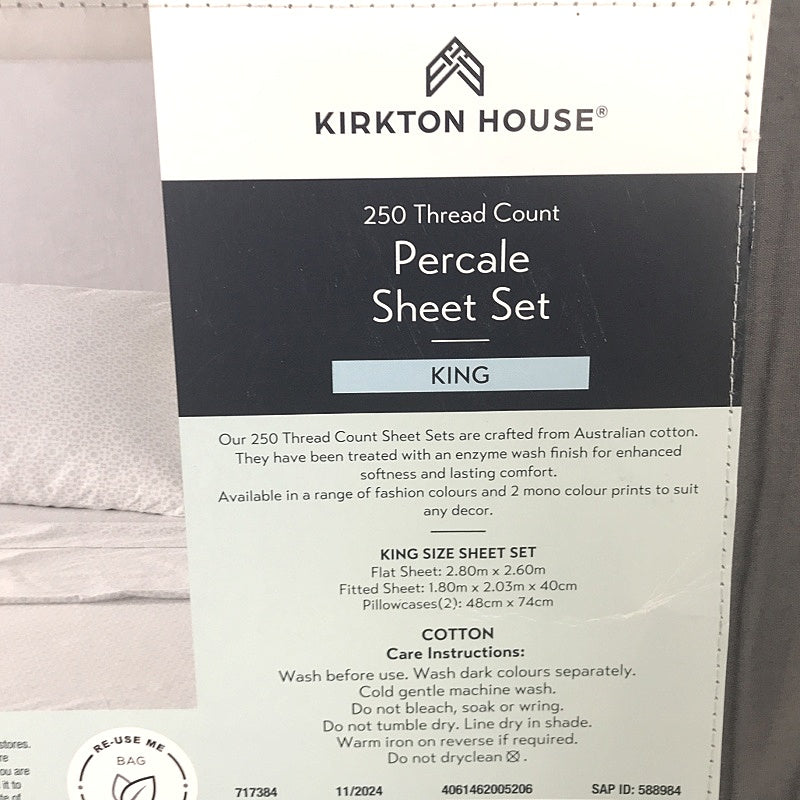 Kirkton House Grey Percale Sheet Set 250 Thread Count King NEW