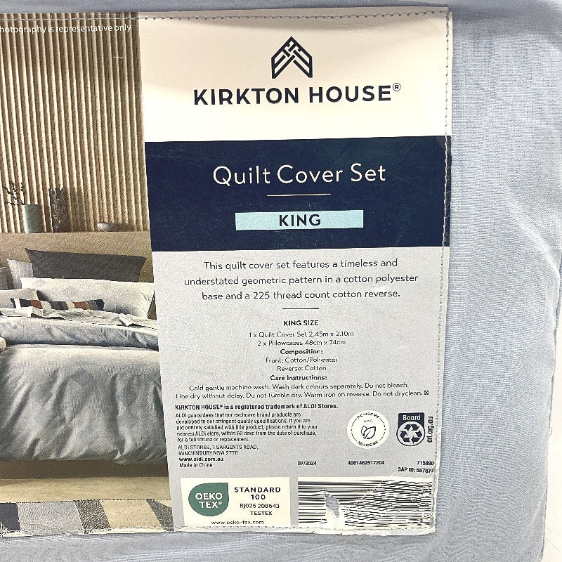 Kirkton House 225 Thread King Sky Blue Quilt Cover Set NEW