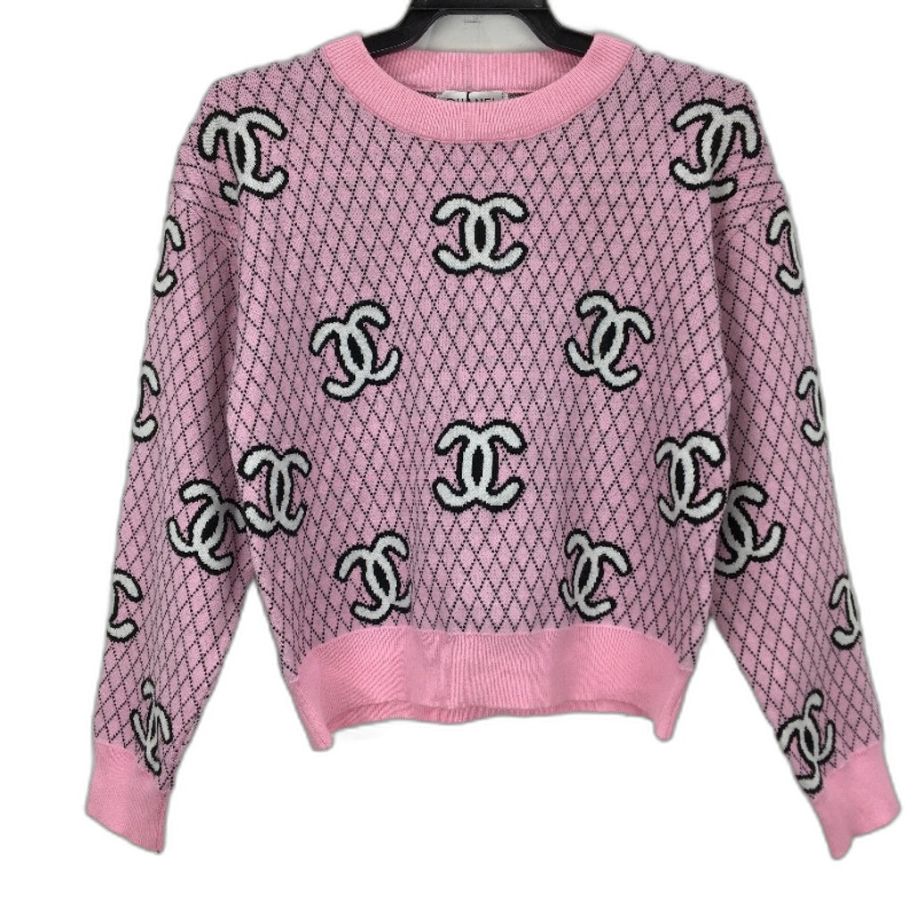 Pink, Black & White Patterned Knit Sweater Ladies Size XS NEW