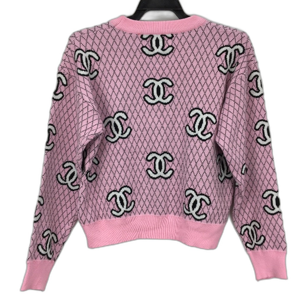 Pink, Black & White Patterned Knit Sweater Ladies Size XS NEW