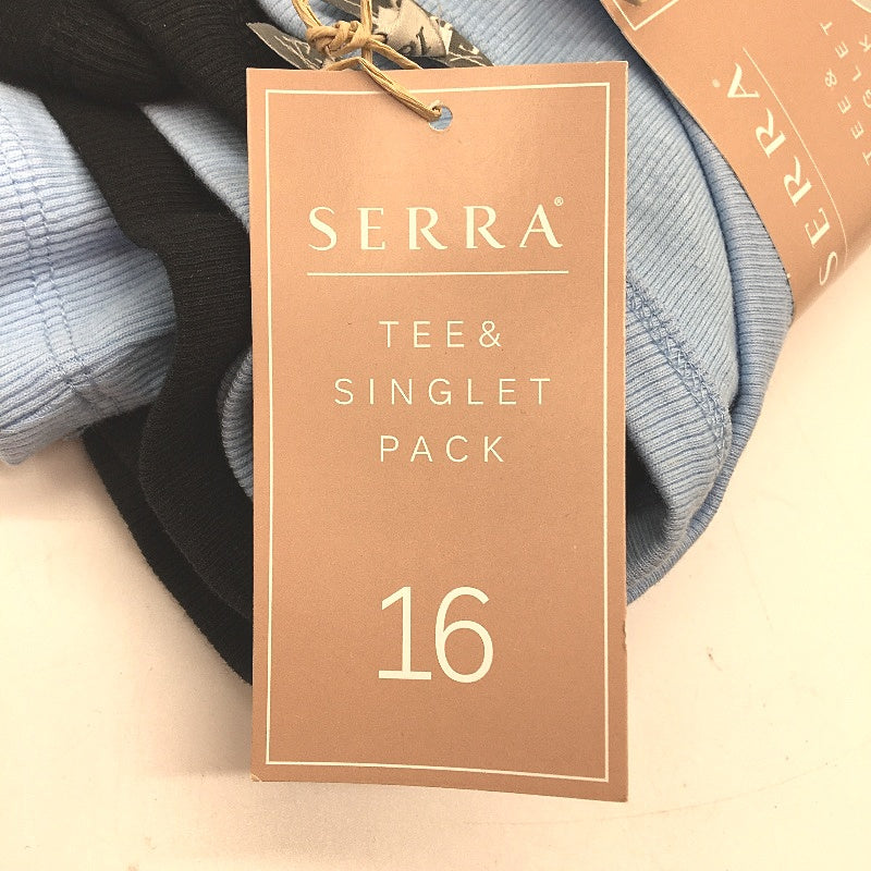 Serra Blue & Black Cotton Blend Tee & Singlet Set Ladies Size 16 NEW