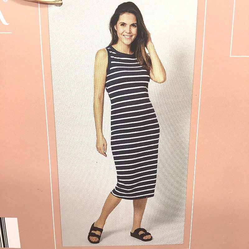 Serra Navy Blue & White Striped Midi Summer Dress Ladies Size 10 NEW