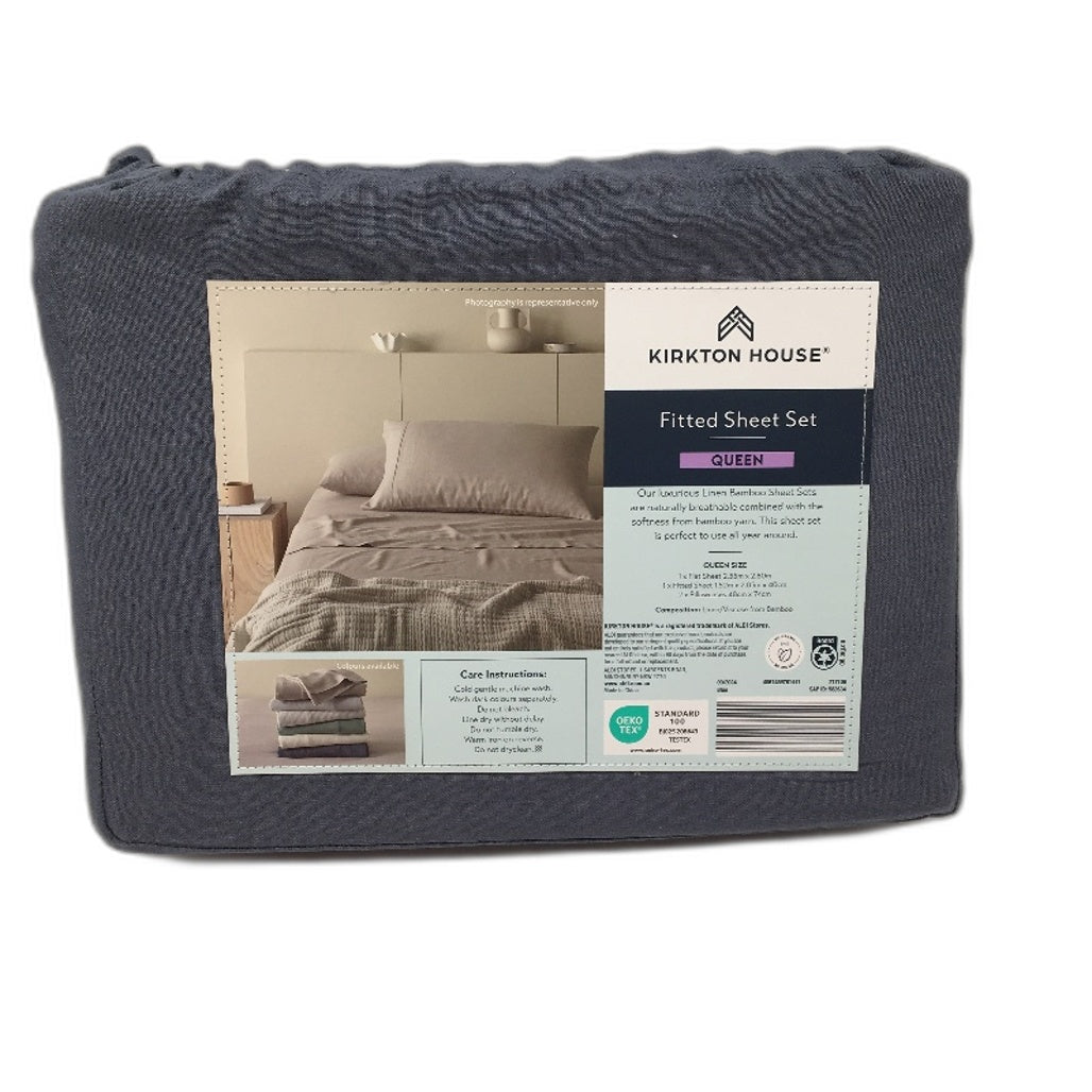 Kirkton House Dark Blue Fitted Linen Bamboo Breathable Sheet Set Queen NEW