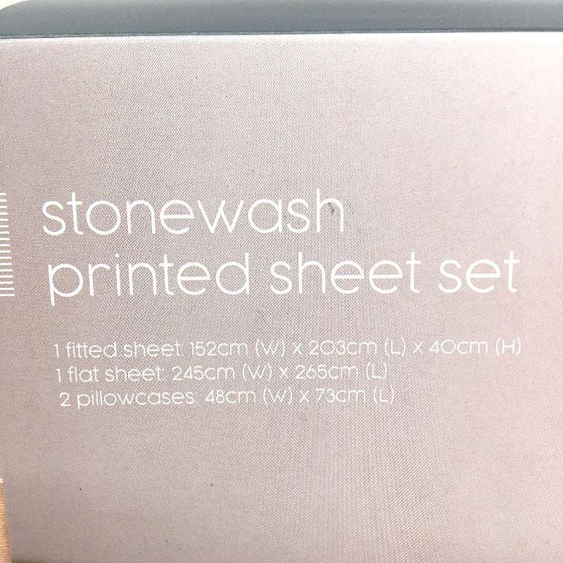 Stonewash Printed Striped Machine Washable Cotton Sheet Set Queen NEW