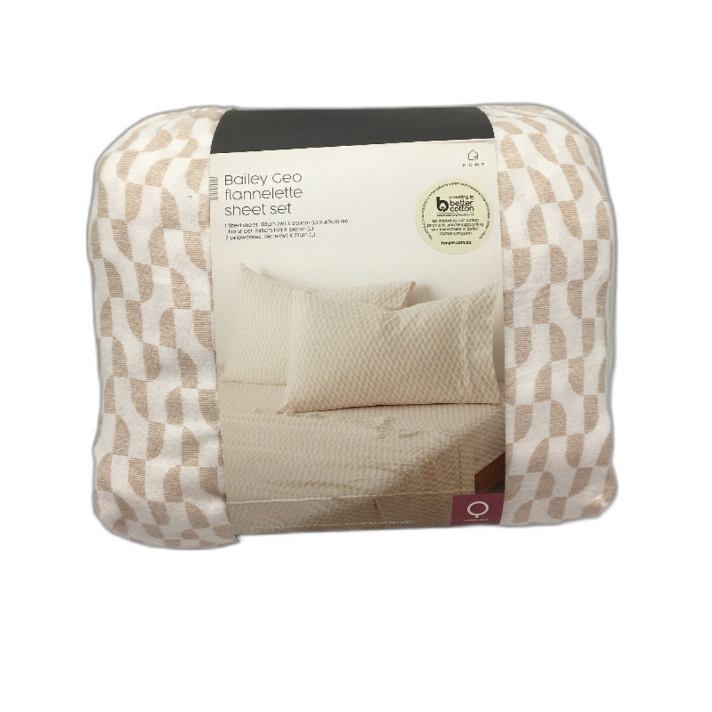 Target Home Bailey Geo White & Brown Soft Flannelette Sheet Set Queen NEW