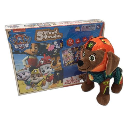 5 Pce Nickelodeon Paw Patrol Wooden Puzzles & Zuma Plushy Toy NEW