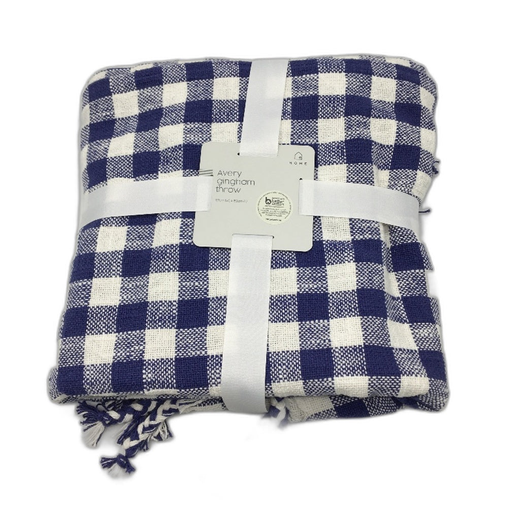 Avery Gingham Cotton Cobalt Blue Throw Size 127cmx152cm NEW