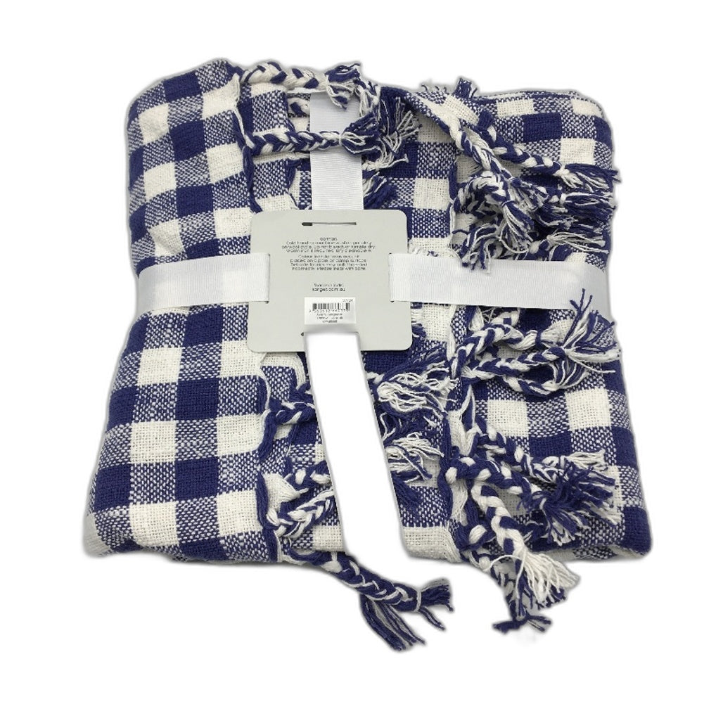 Avery Gingham Cotton Cobalt Blue Throw Size 127cmx152cm NEW