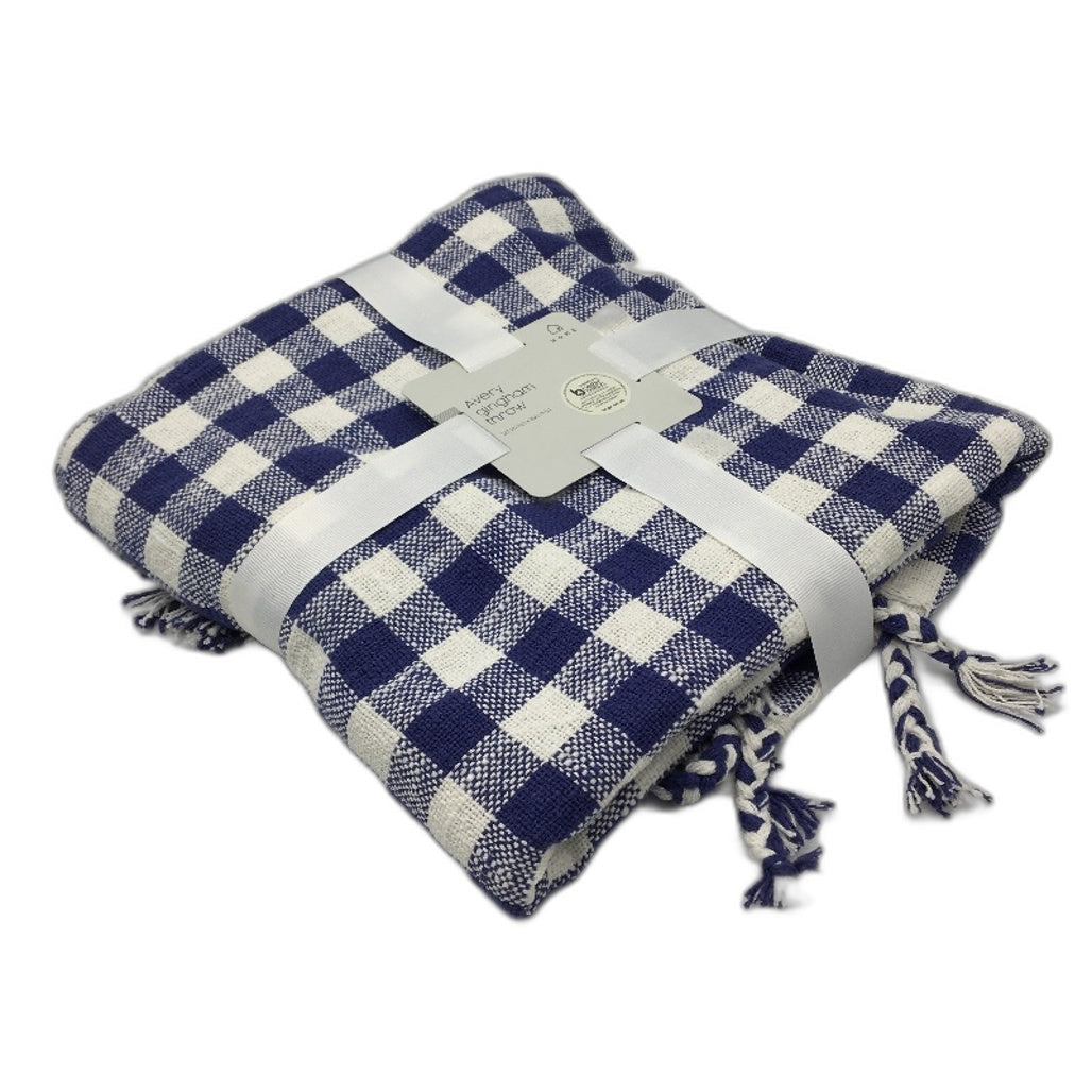 Avery Gingham Cotton Cobalt Blue Throw Size 127cmx152cm NEW