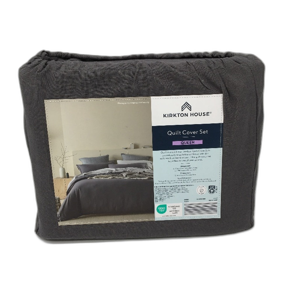 Kirkton House Linen Bamboo Dark Grey Queen Quilt Cover Set NEW