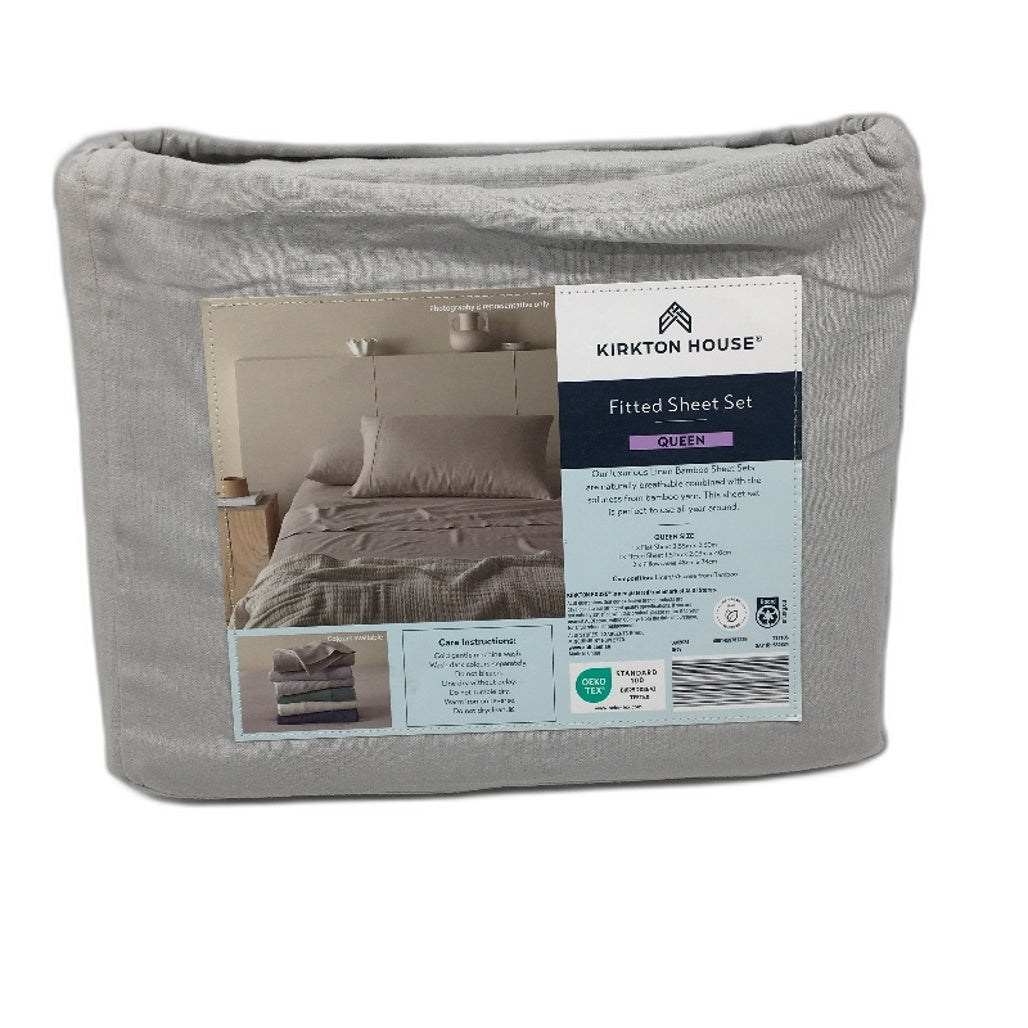 Kirkton House Linen Bamboo Fitted Sheet Queen Grey Set NEW