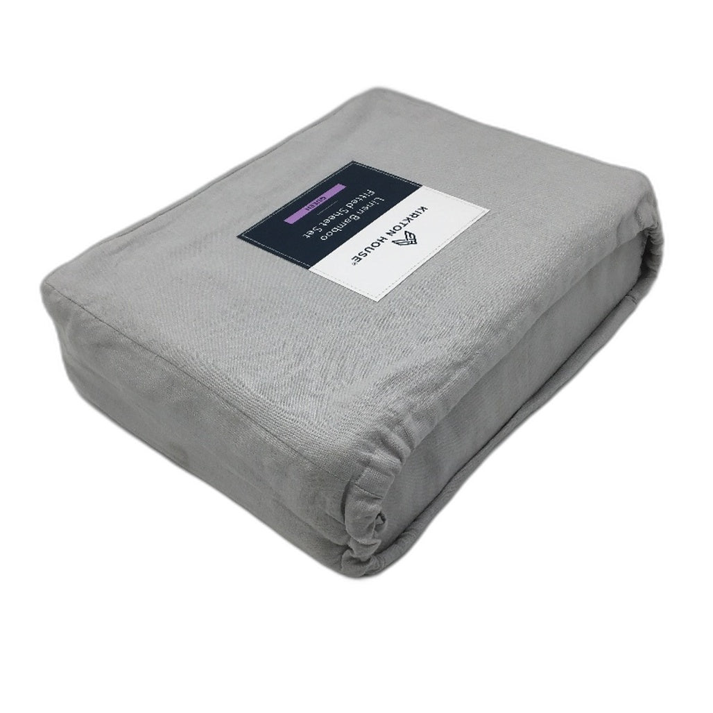 Kirkton House Linen Bamboo Fitted Sheet Queen Grey Set NEW