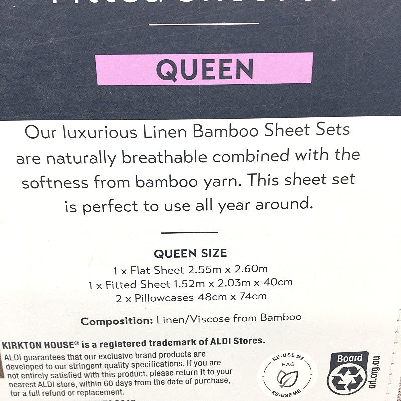 Kirkton House Linen Bamboo Fitted Sheet Queen Grey Set NEW