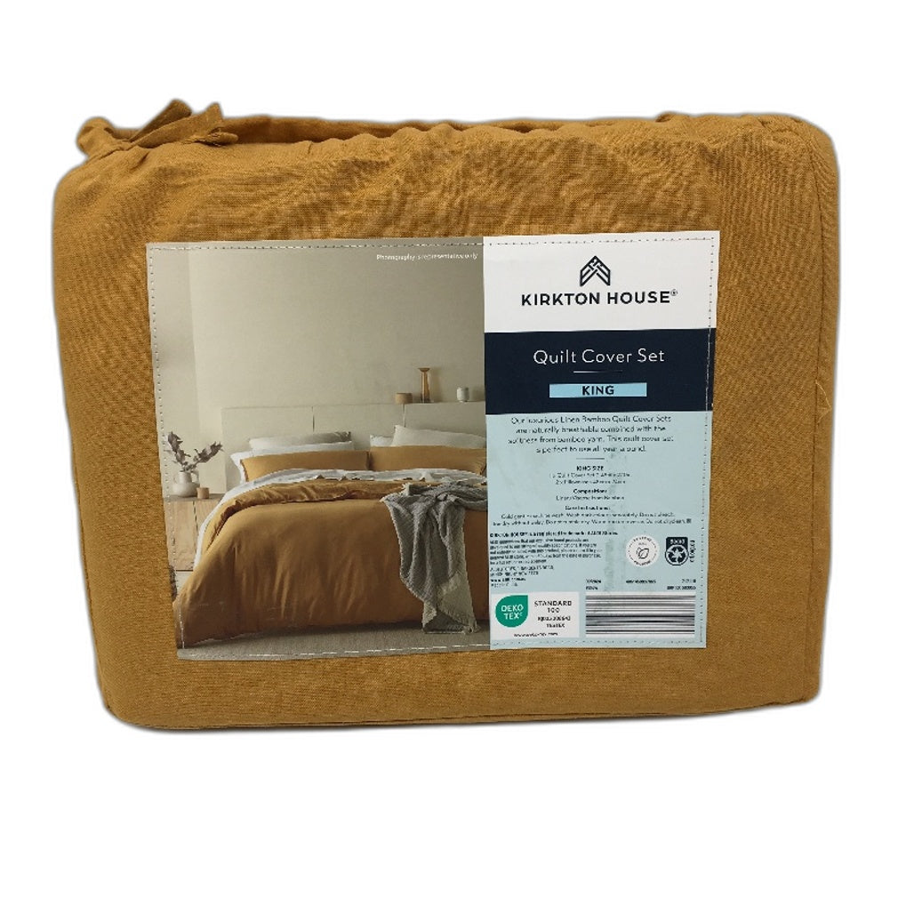 Kirkton House King Linen Bamboo Quilt Mustard Cover Set NEW