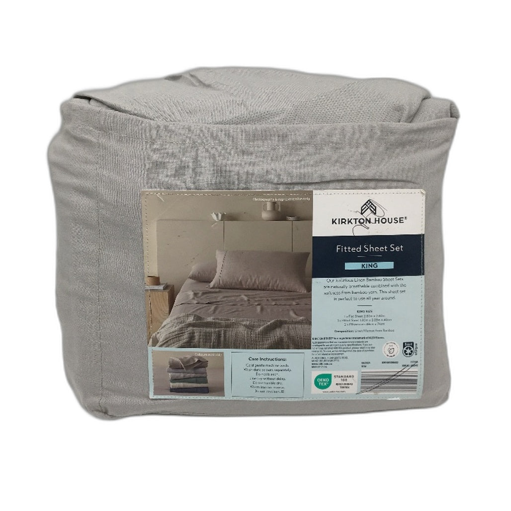 Kirkton House Linen Bamboo Light Grey Fitted Sheet Set King Size NEW