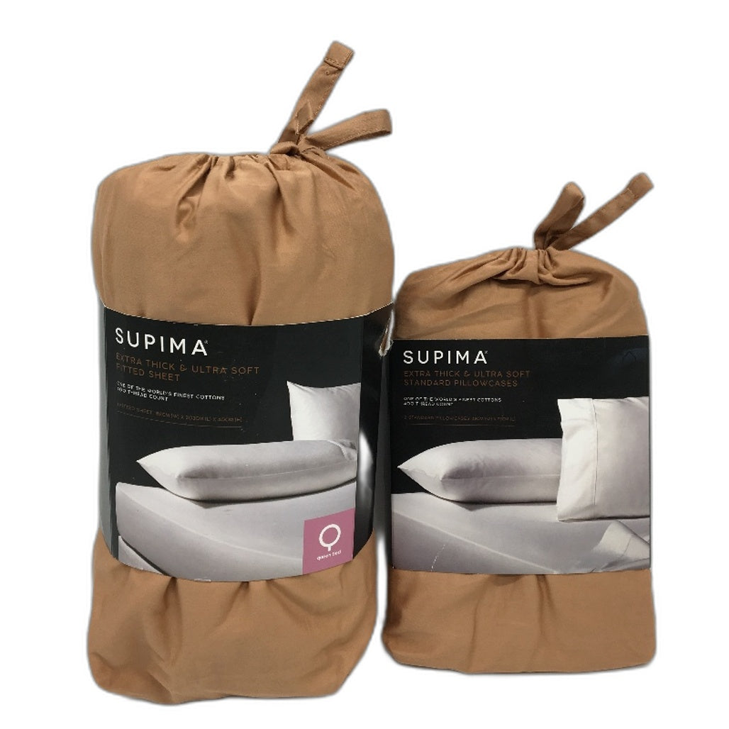 Supima Set of Extra Tick 400 Threaad Fitted Sheet & 2 Pillowcases QueenB NEW