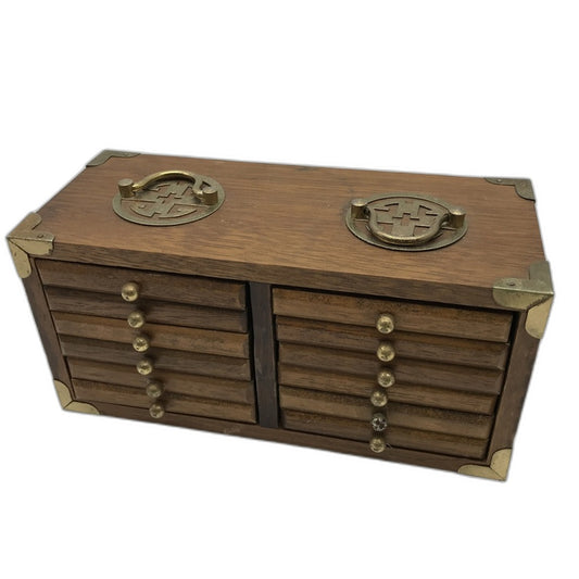 Miniature Wood Chest with 12 Cork Coasters Vintage