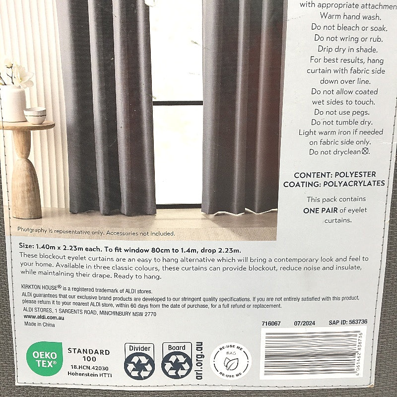 Kirkton House Blockout Charcoal Curtain Eyelet 2 Pack 1.40 x 2.23m NEW