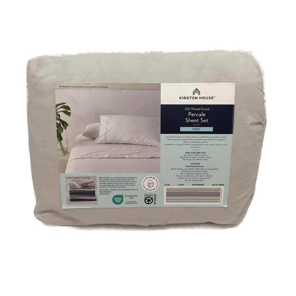 Kirkton House Light Grey Percale 250 Thread Count Sheet Set KING NEW