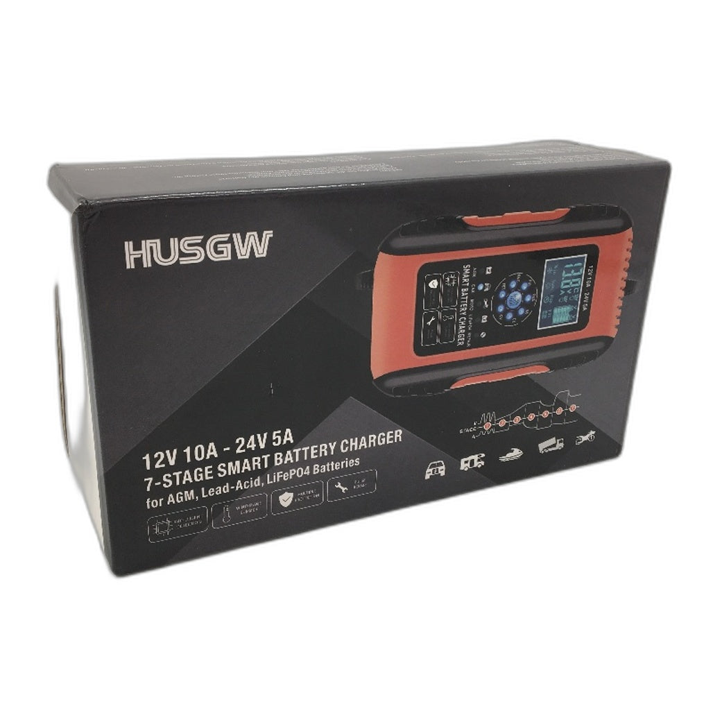 NEW HUSGW Smart 7 Stage 12V 10A-24V 5A Battery Charger for AGM Lead-Acid LiFeP04