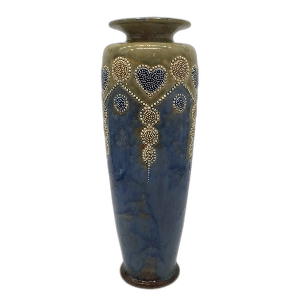 VINTAGE Royal Doulton Maud Bowden Blue Beaded Heart Glazed Lambeth Tall 36cmVase