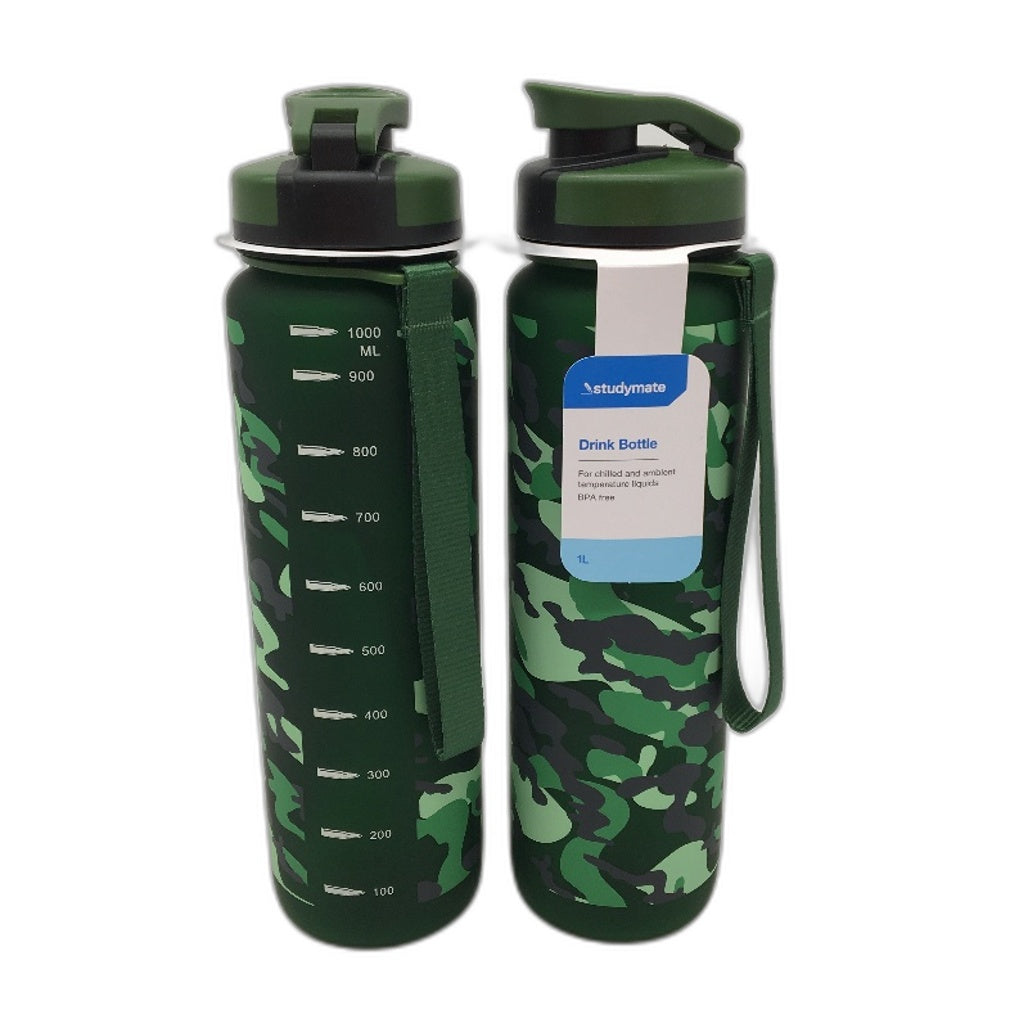 2 Pack Studymate Green Camouflage Pattern Drink Bottle 1L BPA Free NEW