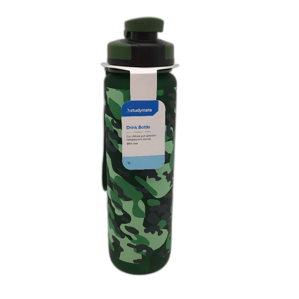 2 Pack Studymate Green Camouflage Pattern Drink Bottle 1L BPA Free NEW