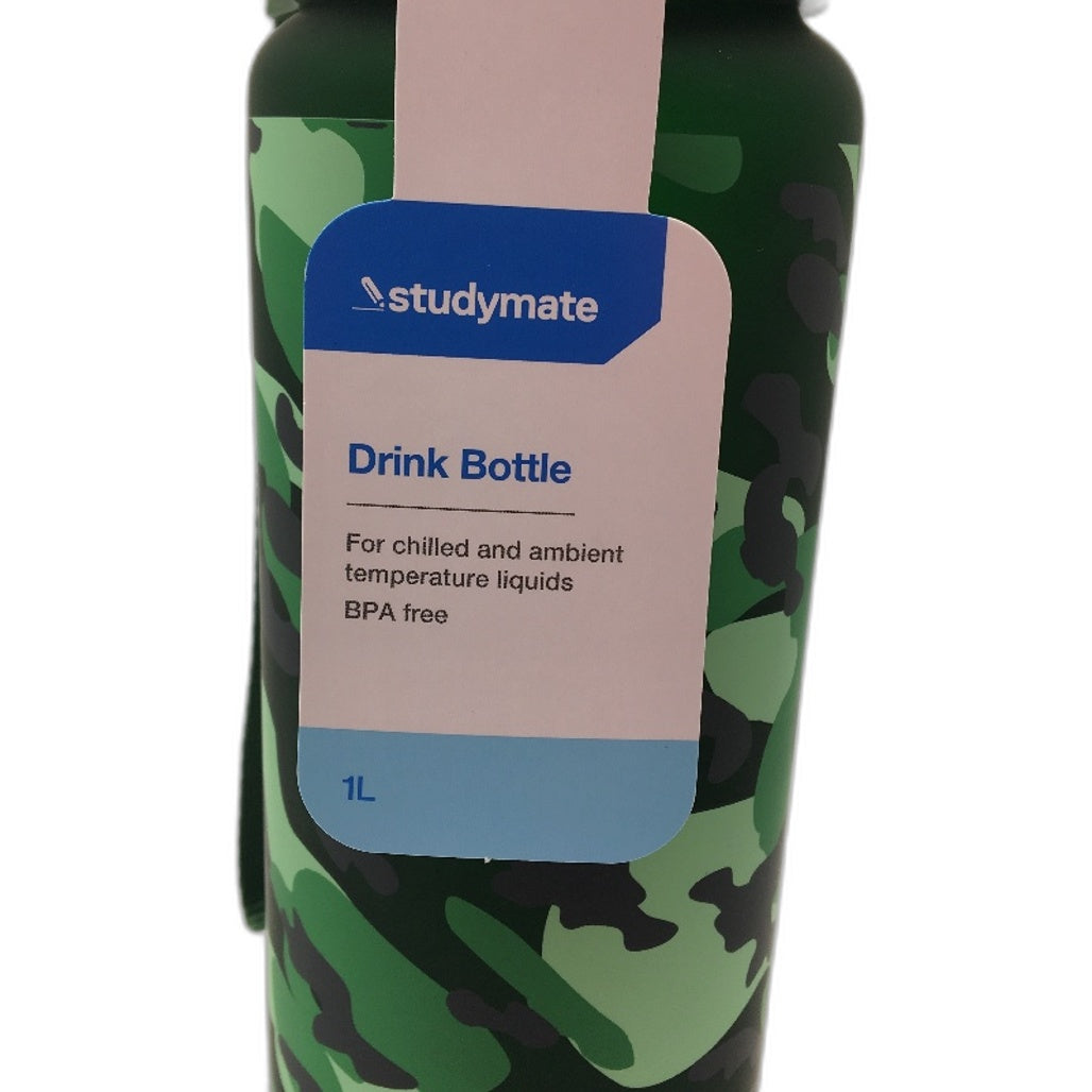 2 Pack Studymate Green Camouflage Pattern Drink Bottle 1L BPA Free NEW