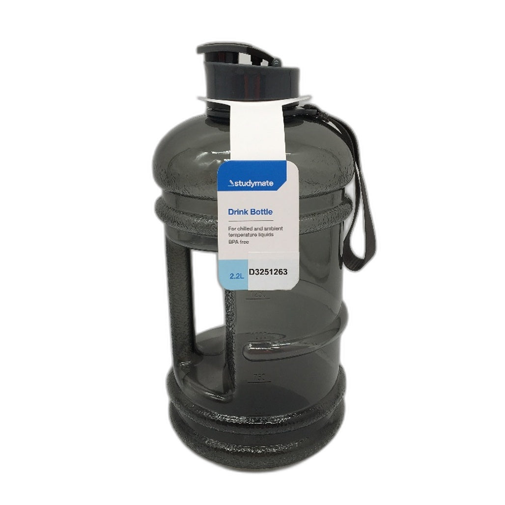 Studymate Grey Charcoal Clear Chug Drink Bottle 2L Capacity BPA Free NEW