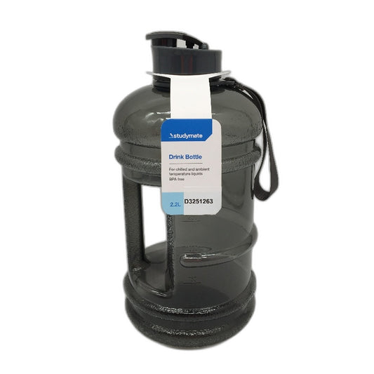 Studymate Grey Charcoal Clear Chug Drink Bottle 2L Capacity BPA Free NEW