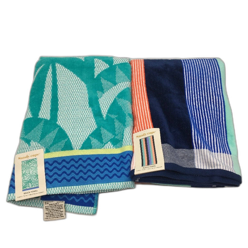 Sandy Cape 2pc Blue Multicoloured Velour Jacquard Cotton Beach Towel Set NEW