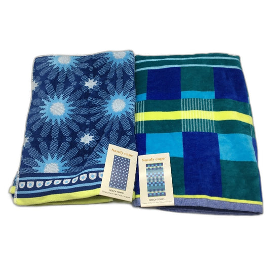 Sandy Cape 2pc Cyan Blue Velour Jacquard Patterned Cotton Beach Towel Set NEW