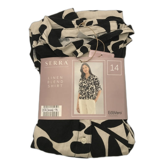 Serra Linen Blend Black Cream Floral Pattern Cuff Sleeve Shirt Ladies NEW