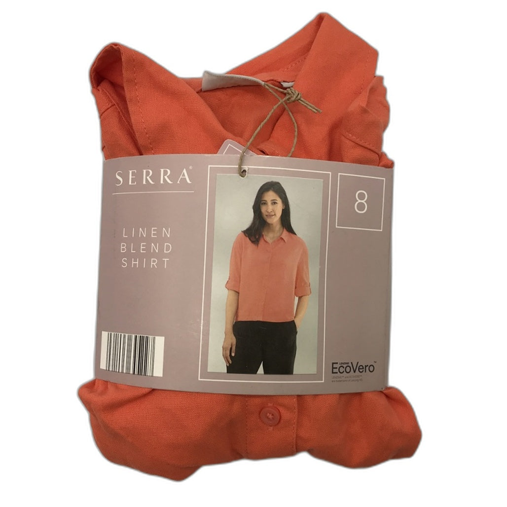 Elegant Serra Light Coral Linen Blend Cuff Sleeve Blouse - Women's Cool Size 8