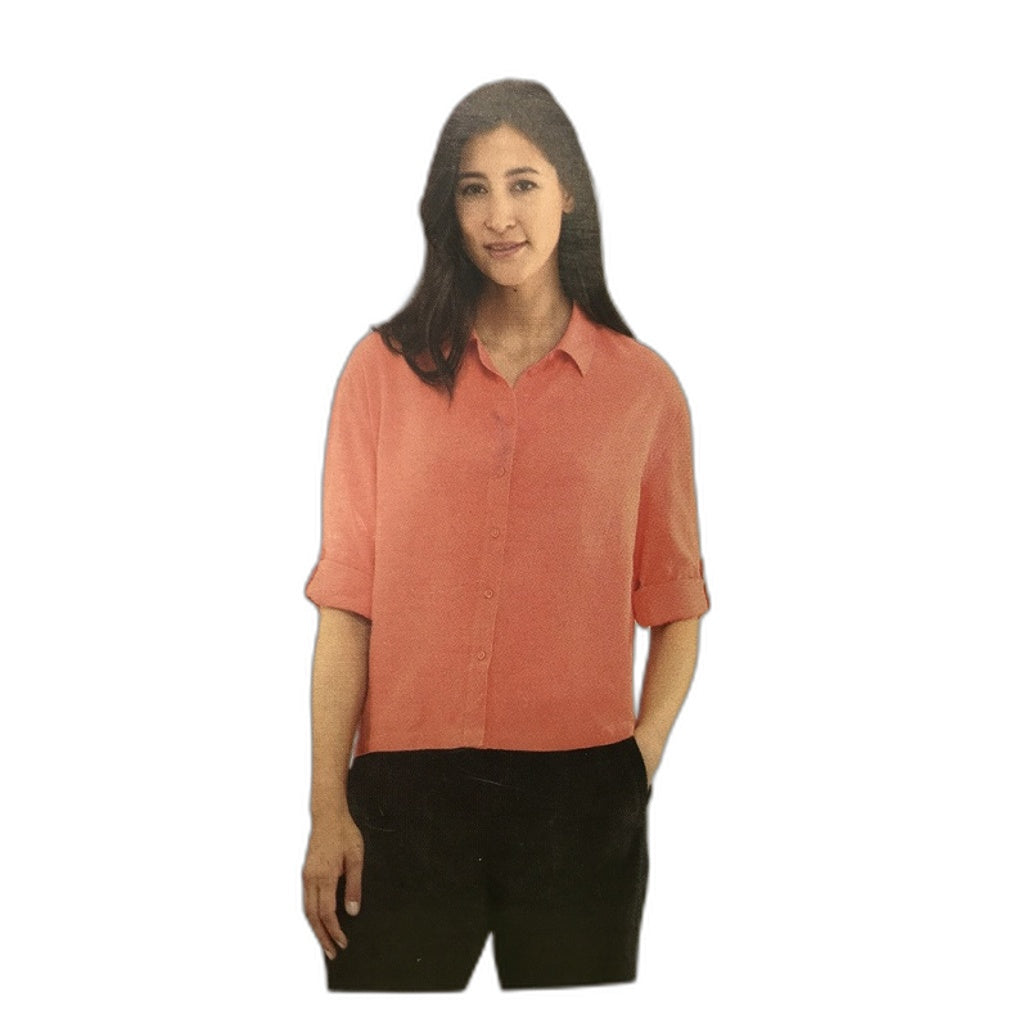 Elegant Serra Light Coral Linen Blend Cuff Sleeve Blouse - Women's Cool Size 8