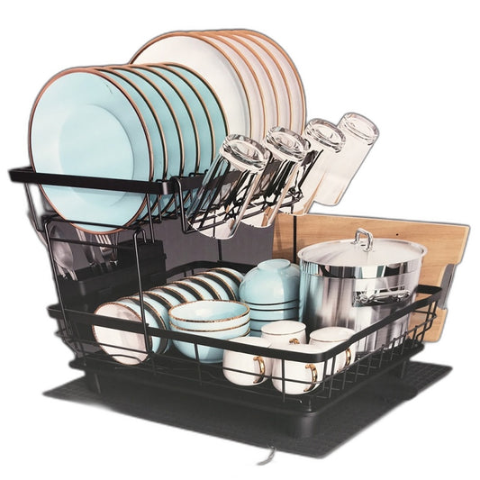 Large 2 Tier Black Dish Drying Rack with Drainboard Set & Swivel Spout NEW