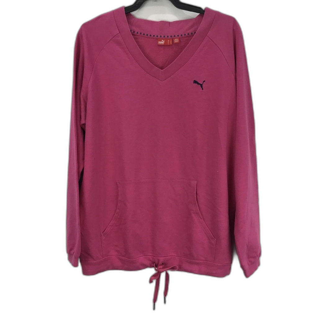 Chic Pink Puma V-Neck Sweatshirt - Tie Front Hoodie with Pouch for Women UK 14