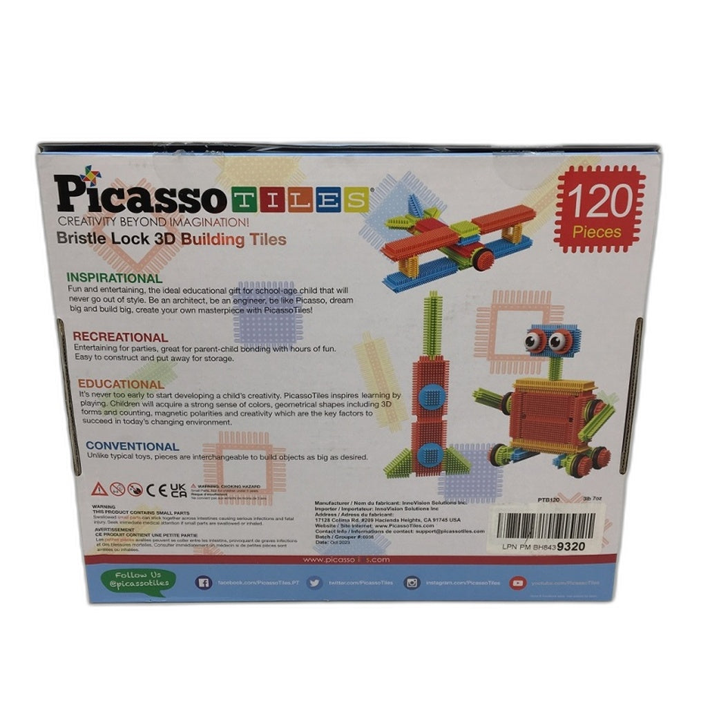 Picasso Tiles Bristle Lock 3D Building Tiles STEM Toy for Kids 120 Pieces